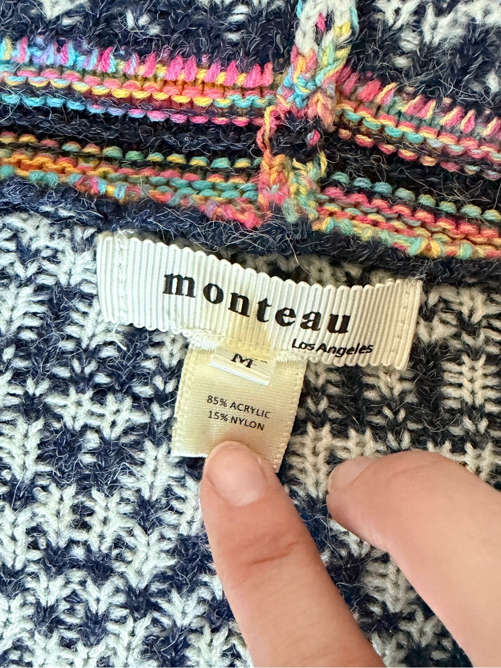 Women’s Hooded Knit Cardigan Sweater - Navy with Multicolor Fair Isle - Picture 4 of 5